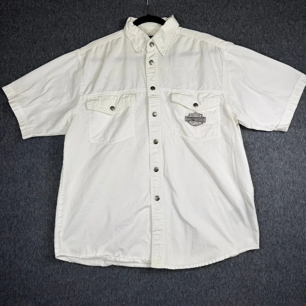 Harley Davidson Button Down Mens L White‎ Short Sleeve Twill Logo Work Shirt